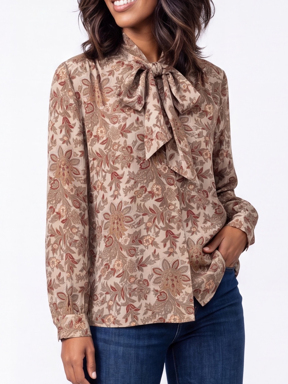 Vintage Floral Paisley Tie-Neck secretary  Blouse Boho Long Sleeve Fall 70s 80s
